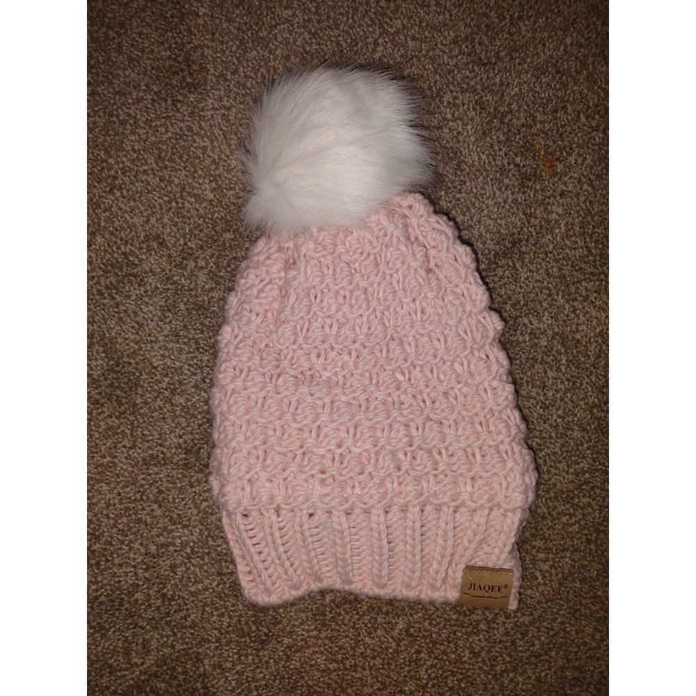 Pink Knitted Snowball Winter Beanie